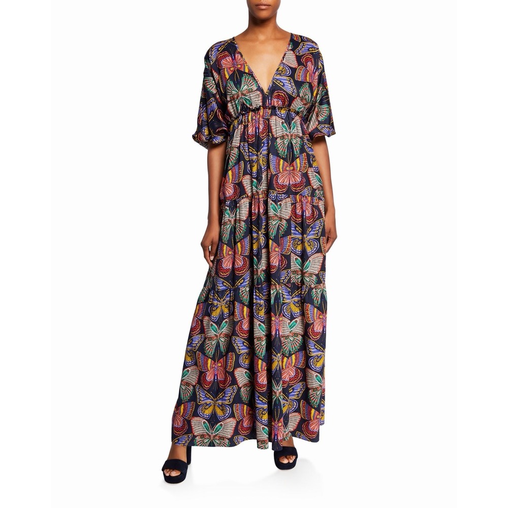 Trina Turk Argo Iris Butterfly Maxi Dress Tiered Large Puff Sleeve
